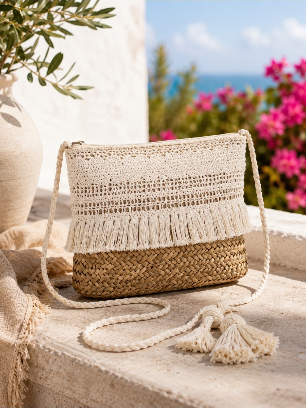 Jen & Co Boho Woven Straw Bag Cream Crochet Fringe Crossbody